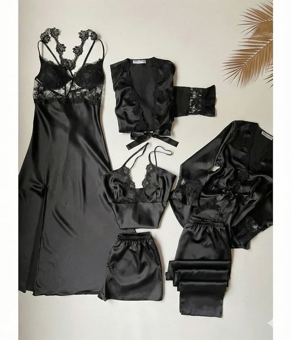 6 PCS LONG SILK NIGHTY SET FOR WOMEN